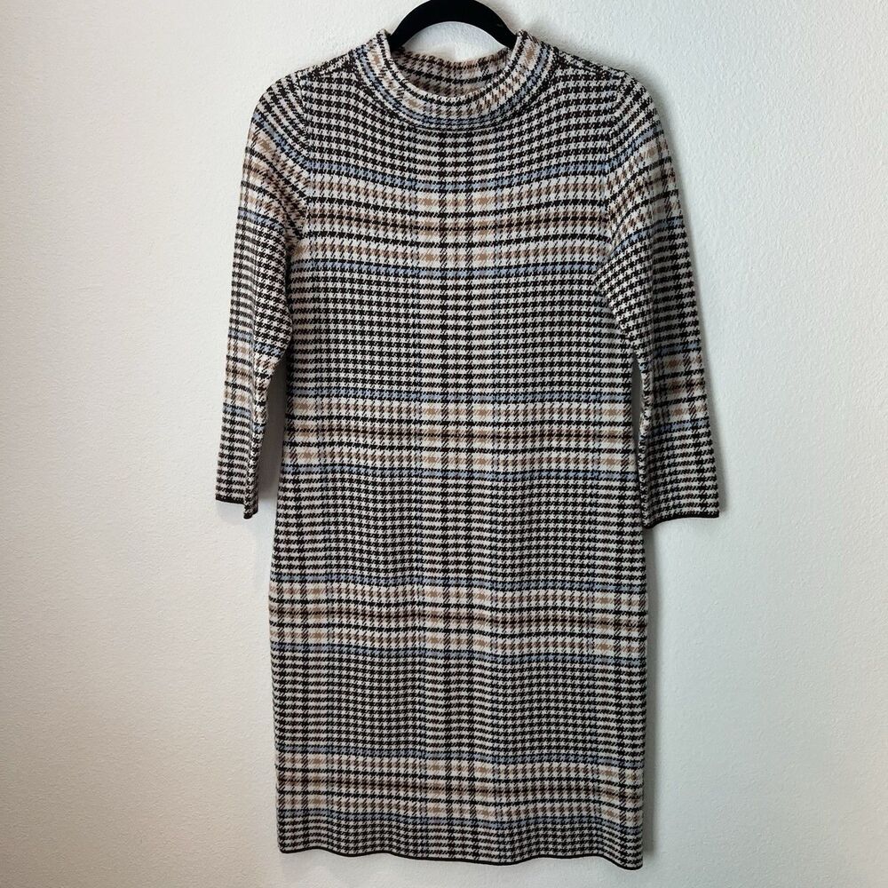 Ann Taylor Womens Multi Color Plaid Knit 3/4 Sleeve Sweater Dress Size XS Wool